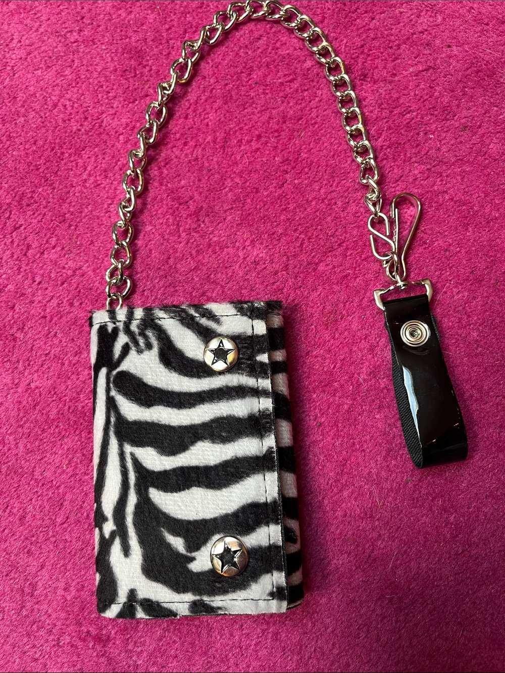 Y2K Goth fuzzy zebra print + black vinyl chain wallet